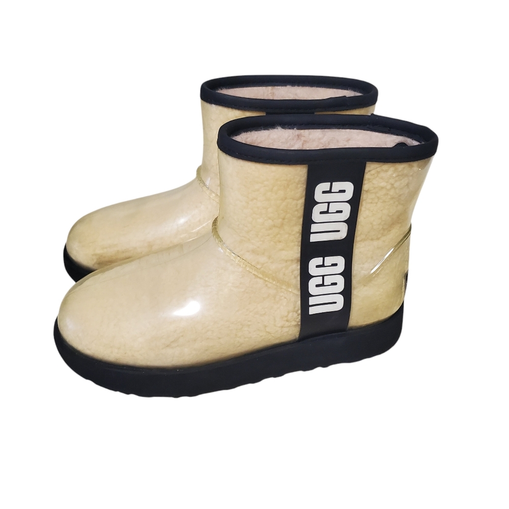 UGG Short Shearling Rain Boots in Pale Yellow with Black Trim